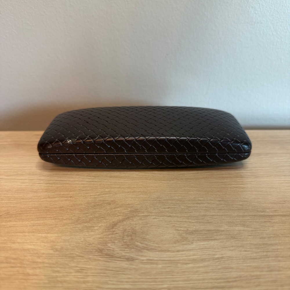 Cole Haan Dark Brown Woven Hard Shell Eyeglass Case Orange Interior